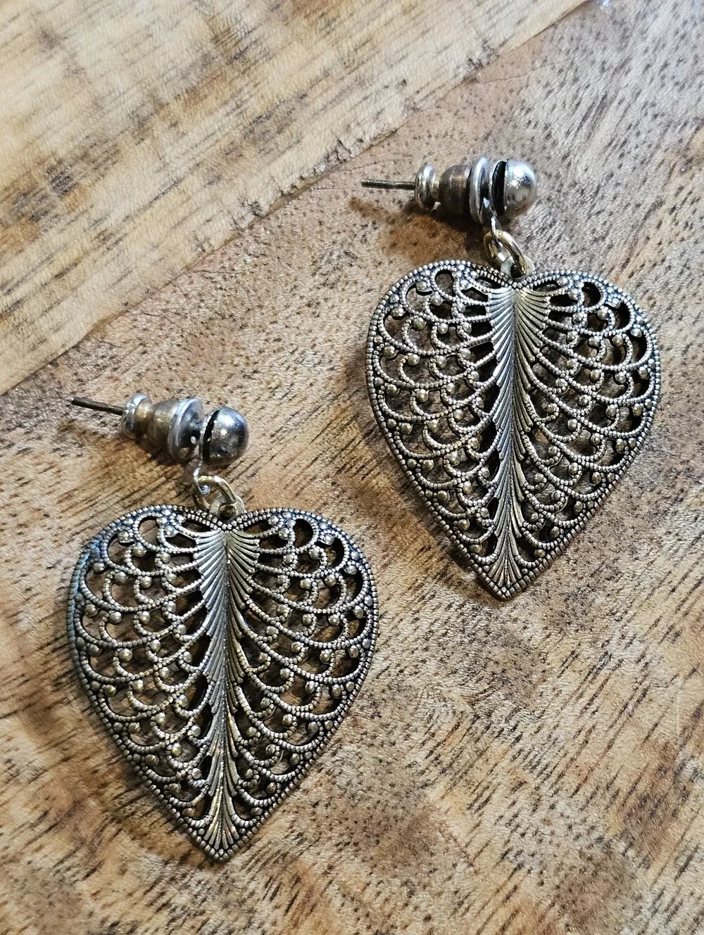 Antiqued Goldtone Filigree Heart Drop Earrings